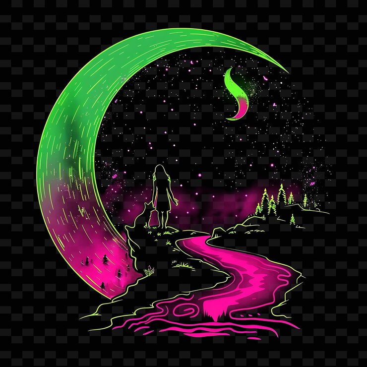 PSD una luna colorida y un río con una luna verde y árboles