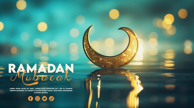 PSD luna creciente brillante de ramadán en el fondo borroso de la tarjeta de plantilla social de la bandera.