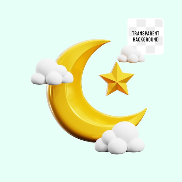 luna creciente con estrella y nube para ramadán kareem evento del mes sagrado del islam ilustración de icono 3d diseño de renderización