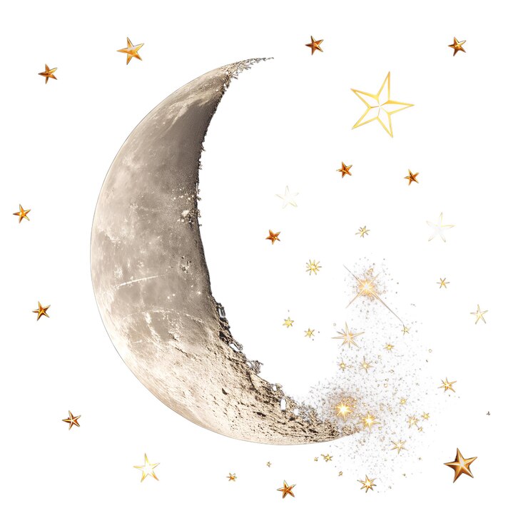 PSD luna creciente con estrellas brillantes en un fondo transparente