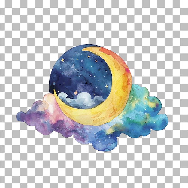 PSD luna creciente con fondo de acuarela de nubes