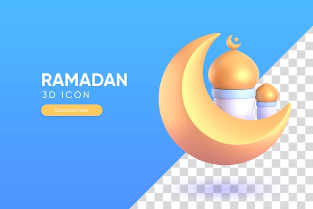 Luna dorada y mezquita para el ornamento de Ramadán 3D render ilustración