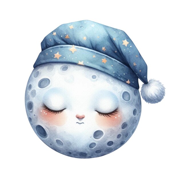 una luna durmiente durmiente con un sombrero azul y una cara durmiente dormida