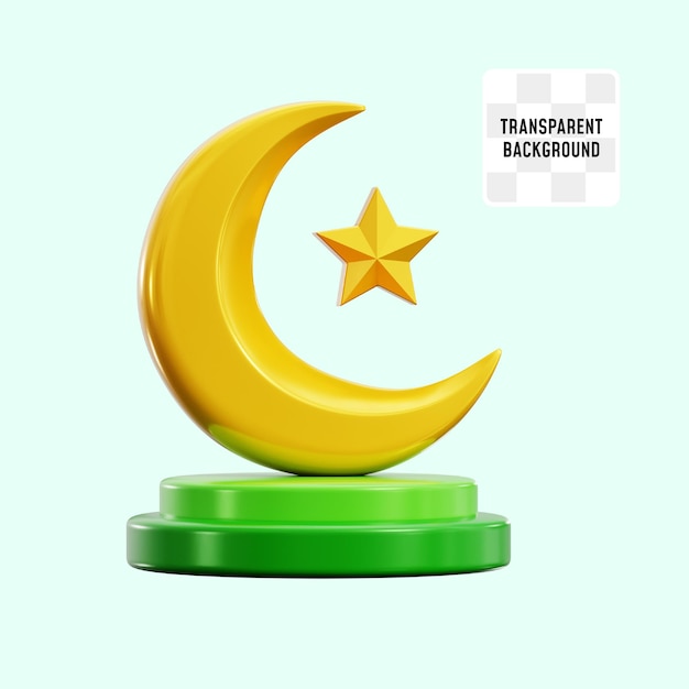 PSD luna media con estrella en el podio símbolo islámico para el feliz mes sagrado musulmán de ramadán evento y campaña de promoción de ventas en redes sociales ilustración de icono 3d diseño de renderización