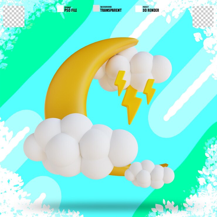PSD luna de nube de ilustración 3d con relámpago
