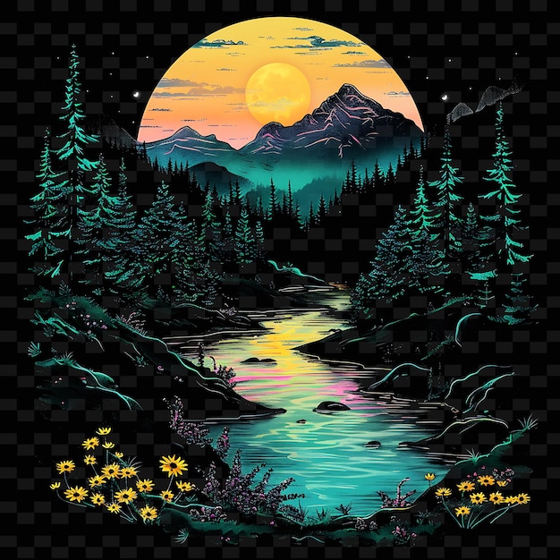 PSD une lune colorée avec un fleuve et une rivière avec une rivière et des montagnes en arrière-plan