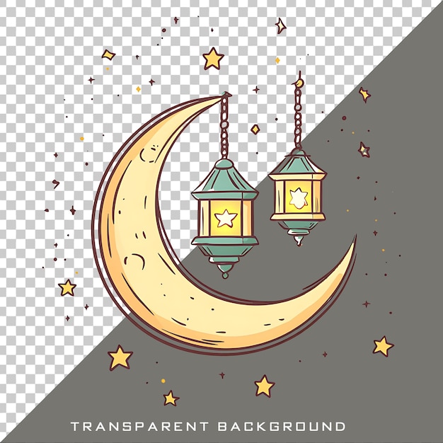 Lune croissante dessinée à la main avec une lanterne sur un fond transparent