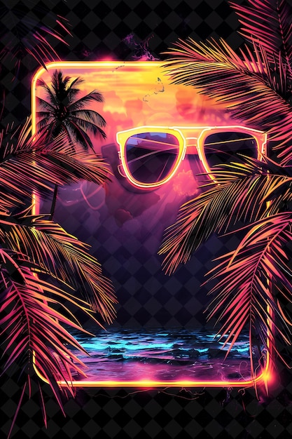 PSD des lunettes de soleil sur une plage tropicale avec un coucher de soleil en arrière-plan