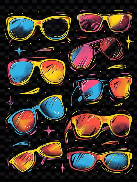 PSD lunettes de soleil radiantes et accessoires rétro éparpillés sunglasse y2k texture forme décor d'arrière-plan art