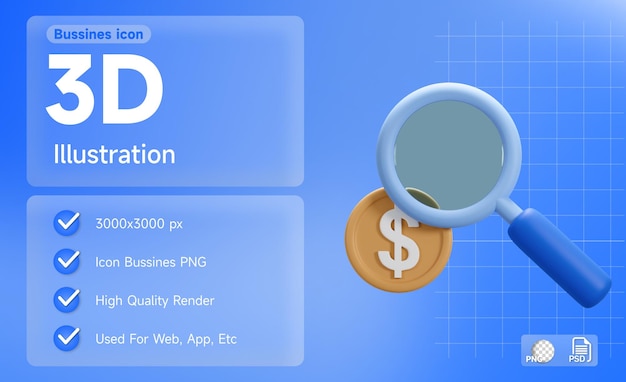 lupa 3d y moneda de dólar ilustración