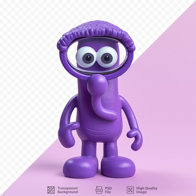 PSD una lupa con una figura de plastilina violeta sobre un fondo transparente