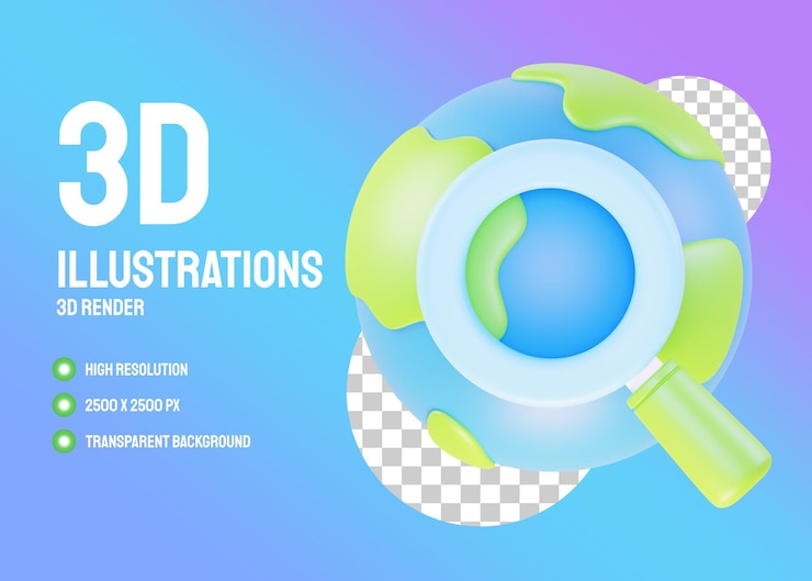 PSD lupa con globo 3d ilustraciones
