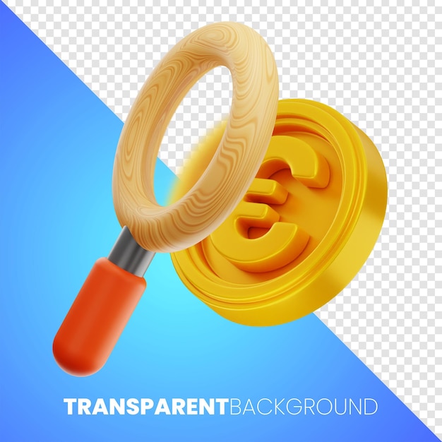 lupa premium euro financiar dinero icono representación 3d sobre fondo transparente PNG