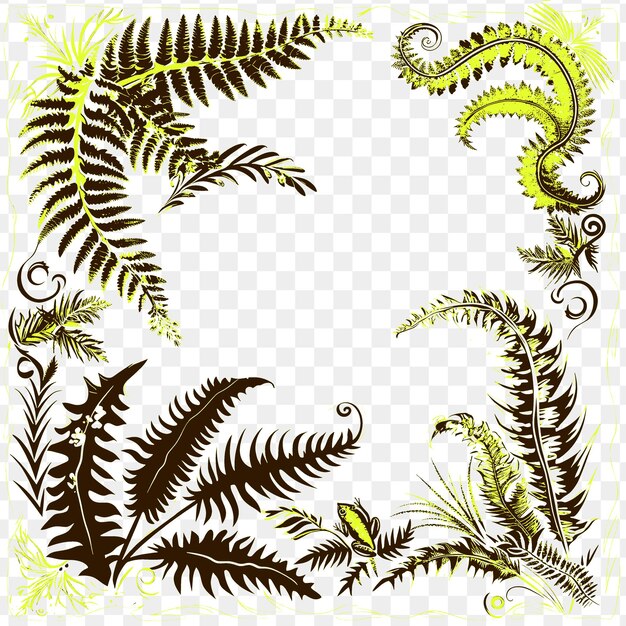 PSD lush green fern borderlines diseño con motivos de rana y tatuaje de orga contorno de arte natural garabateado