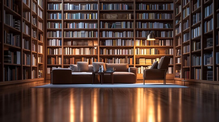 PSD lussuoso interno della biblioteca con scaffali in legno, divano, poltrona e illuminazione calda
