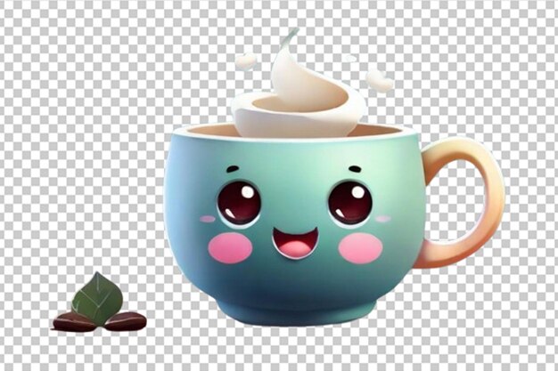 PSD lustige heiße kaffee- und teetasse im kawaii-stil