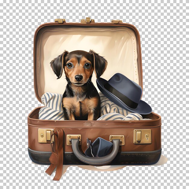 PSD lustiger hund sitzt in einem koffer, der auf einem durchsichtigen hintergrund isoliert ist