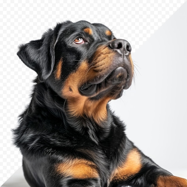 PSD lustiger rottweiler-hund, der aufblickt und beurteilt, während er sich in einem studio vor einem weißen, isolierten hintergrund legt und posiert