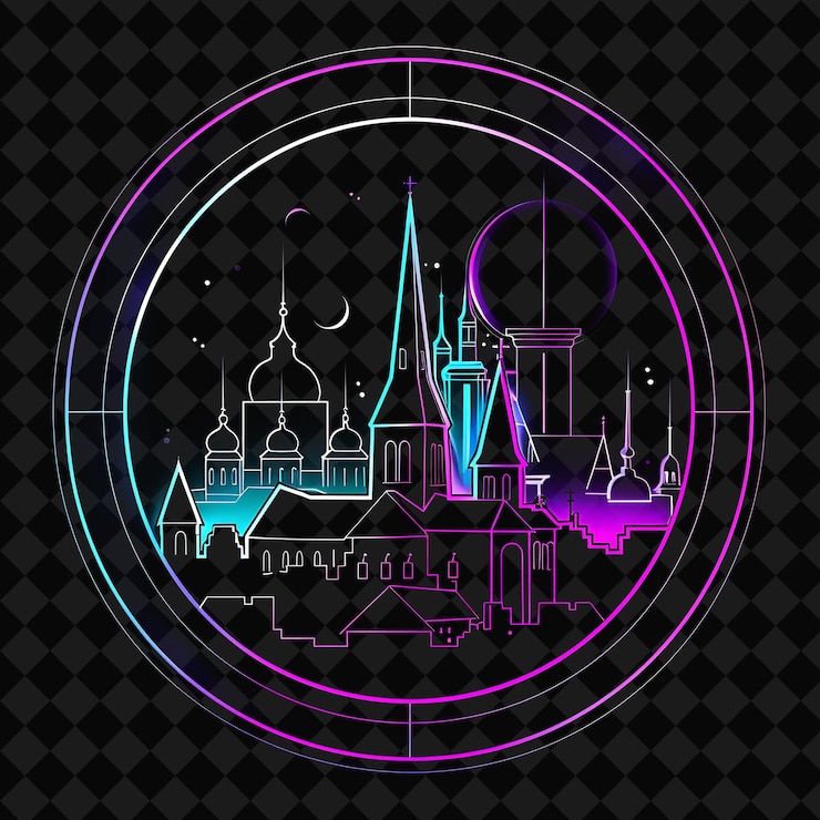 PSD lustrosa neon tallinn metrópolis dentro de un círculo de silueta png y2k monolina paisaje urbano arte de collage