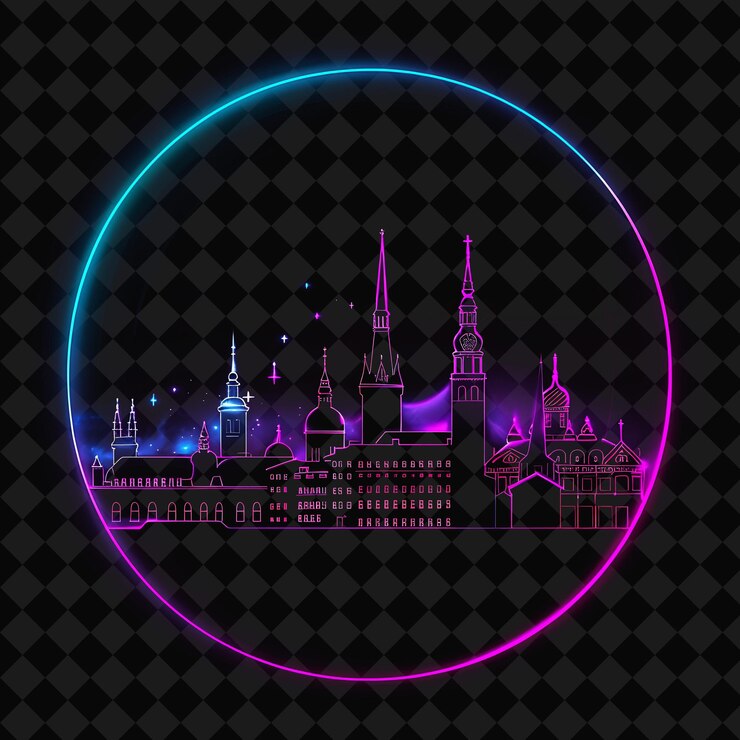 PSD lustrosa neon tallinn metrópolis dentro de un círculo de silueta png y2k monolina paisaje urbano arte de collage