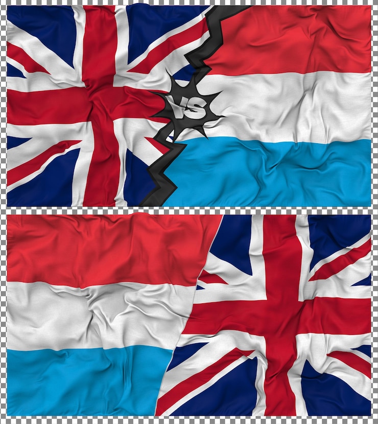 PSD luxemburgo versus reino unido meia bandeira combinada textura de tecido 3d