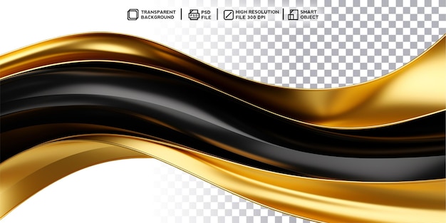 Luxuosa onda dourada renderização 3d realista com sotaques pretos em fundo transparente