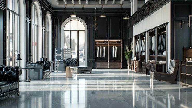 PSD luxuoso interior de showroom moderno com design preto e branco móveis elegantes e grandes janelas
