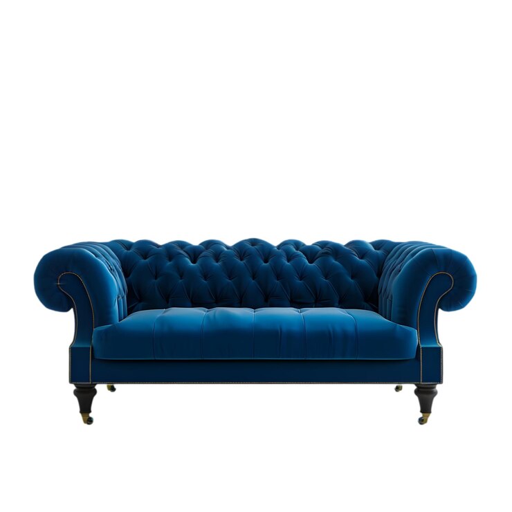 PSD luxuoso sofá de veludo azul com almofadas em fundo branco