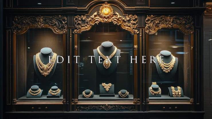 PSD luxuriöse goldene halsketten in einer eleganten juweliervitrine
