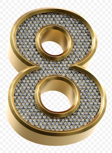PSD luxuriöses goldenes alphabet mit diamanten nummer 8 isoliertes 3d-renderbild