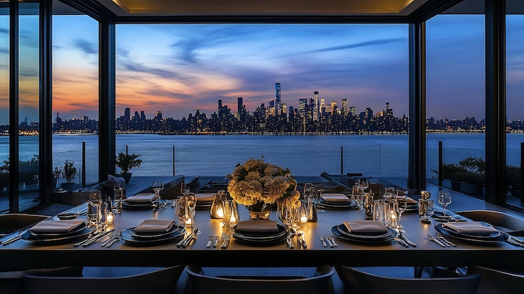 PSD luxuriöses penthouse-esszimmer mit blick auf die skyline der stadt beim sonnenuntergang