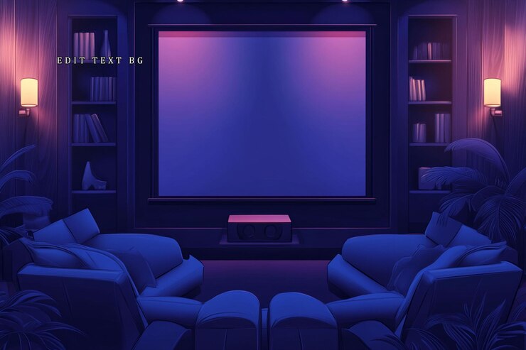 PSD luxurious home theater room with large screen comfortable seating and builtin bookshelves