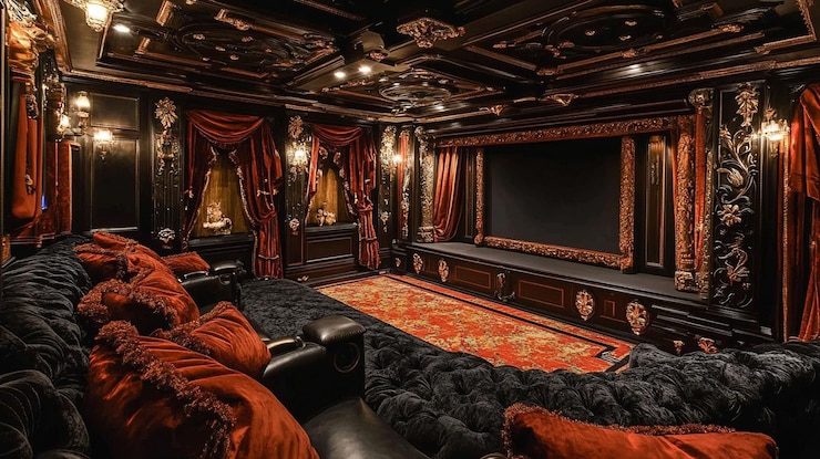 PSD luxurious home theater with dark wood red velvet drapes and plush seating