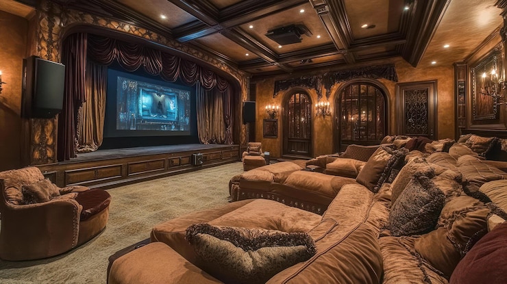 PSD luxurious home theater with large screen plush seating and dark wood accents