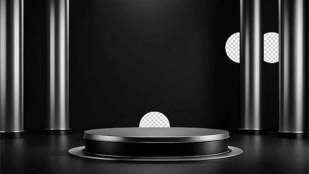 Luxurious Round Podium Mockup para exhibición de productos en negro y plateado con objeto PNG transparente