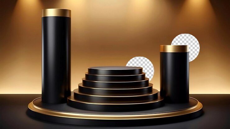 Luxuroso soporte de podio cilíndrico dorado y negro Objeto PNG para exhibición de productos