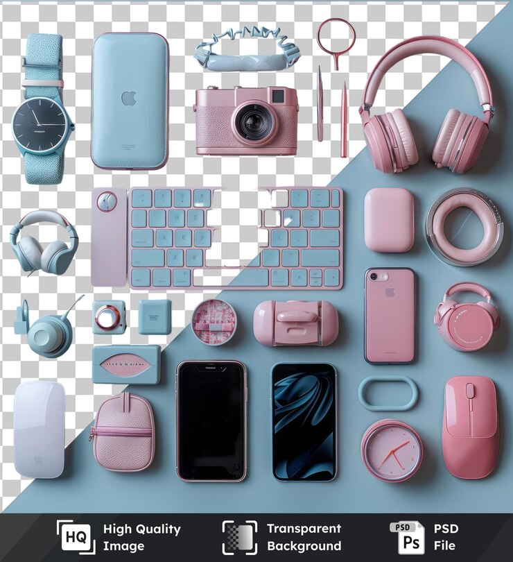 PSD luxury home office decor and gadgets set up on a blue table featuring a white keyboard silver and gray headphones a pink camera and a pink mouse
