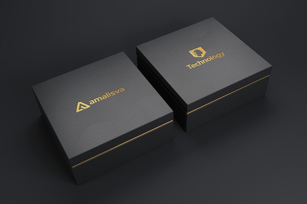 Luxus-Goldfolien-Logo-Mockup auf der schwarzen Box