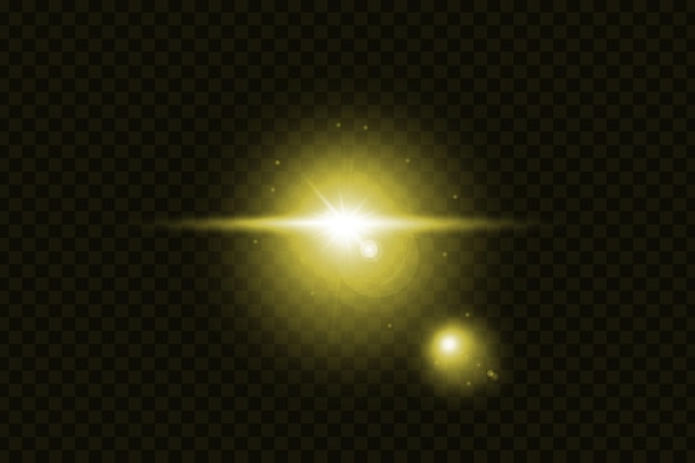 La luz amarilla de la llamarada de la lente explota en un fondo oscuro