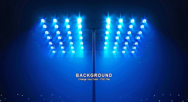 Una luz azul ilumina el escenario con tres filas de luces del estadio a ambos lados de la exhibición del producto