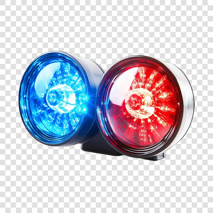 PSD luz azul y roja luces de policía de sirena parpadeantes azules aisladas en un fondo transparente