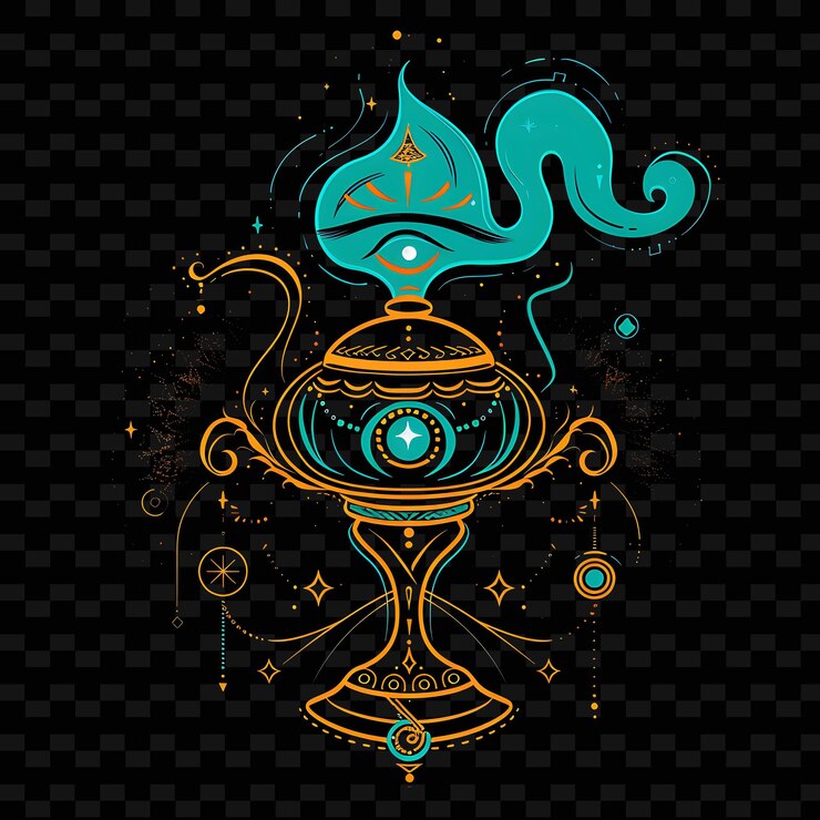 PSD luz brillante de un genio con una lámpara mágica con neón turquesa png diseños artísticos creativos de línea de neón