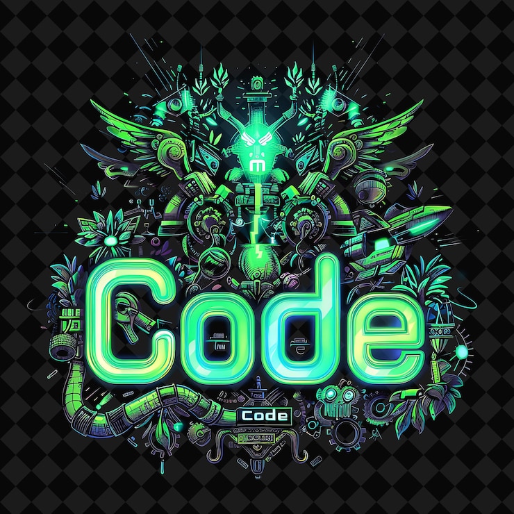 PSD luz de neón reluciente de texto de código en verde neón e índigo hu png y2k inspirado en el neón decorativo