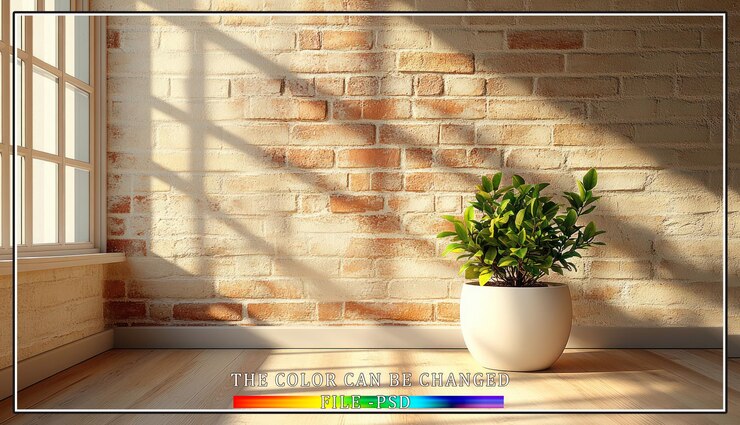 PSD la luz del sol fluye a través de una ventana proyectando sombras en una pared de ladrillo e iluminando una planta en olla