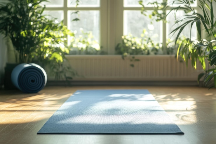 PSD la luz del sol ilumina una alfombra de yoga en una habitación con plantas