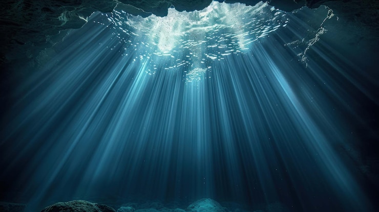 PSD la luz del sol pasa a través de una abertura de cueva submarina creando una escena dramática y etérea