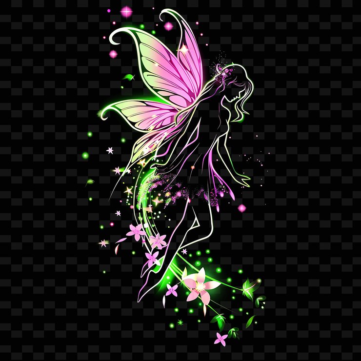 PSD luzes laser deslumbrantes de uma fada com asas espalhando pixie png designs de arte de linha de néon criativos