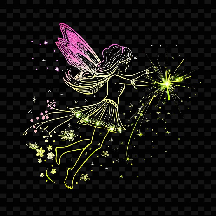 PSD luzes laser deslumbrantes de uma fada com asas espalhando pixie png designs de arte de linha de néon criativos