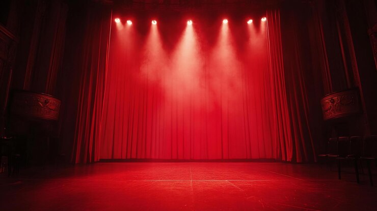 PSD luzes vermelhas do palco iluminam um teatro escuro com cortinas vermelhas e cadeiras vazias