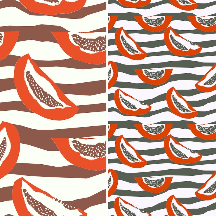 PSD m9 papaya con silueta de rebanada y diseño de playa con vector de patrón de fruta tropical único a rayas